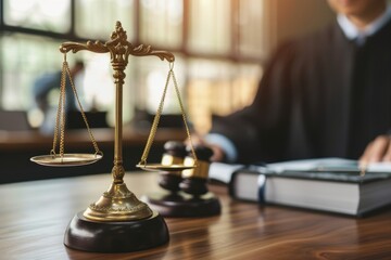 Portrait of a lawyer presenting evidence in court with an attentive judge in a wooden courtroom