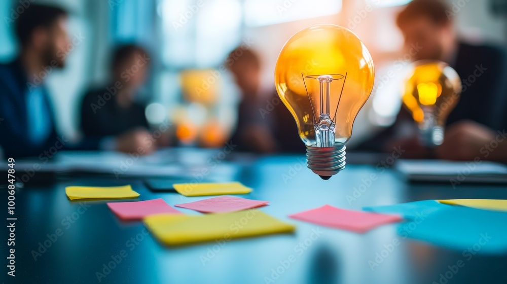 Poster creative brainstorming session with a glowing light bulb representing innovation and sticky notes on