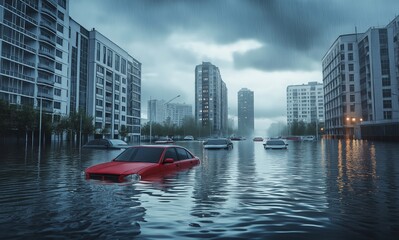Fototapeta premium Urban area severely flooded, cars almost fully submerged in water, tall residential buildings lining the streets, cloudy and stormy weather, selective focus, copy space