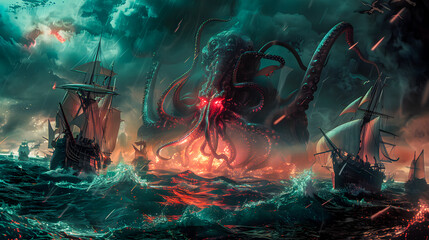 Epic fantasy scene featuring a massive kraken-like Cthulhu rising from the deep, towering over a ship in the sea. Dark, terrifying atmosphere perfect for horror-themed visuals or storytelling
