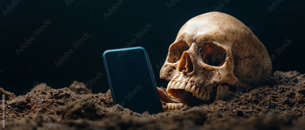 Canvas Prints  A human skull holds a cell phone between its teeth, while grasping another in one hand