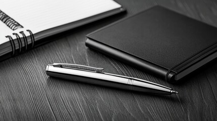 A shiny stainless steel pen mockup, resting on a dark wooden desk with a notebook beside it