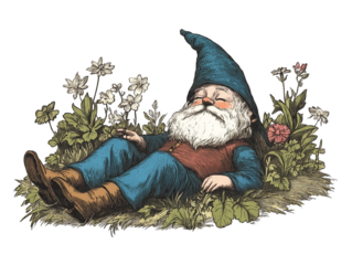 vintage garden gnome  sleeping in grass illustration 