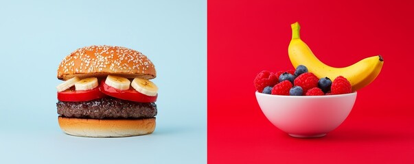 Split-image, a hamburger with extra toppings on the left, contrasted with a bowl of fresh raspberries, blueberries, and a banana on the right.
