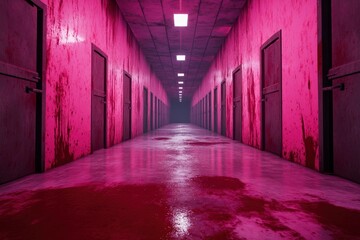 Fototapeta premium A long hallway with red blood on the floor. Scene is eerie and unsettling