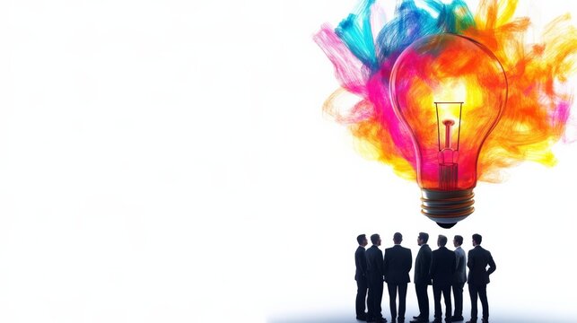 Group of people looking at a colorful lightbulb, representing ideas, innovation, and creativity. Silhouettes on a bright background.