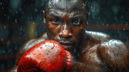 Determined Black male boxer with red gloves training in the rain.