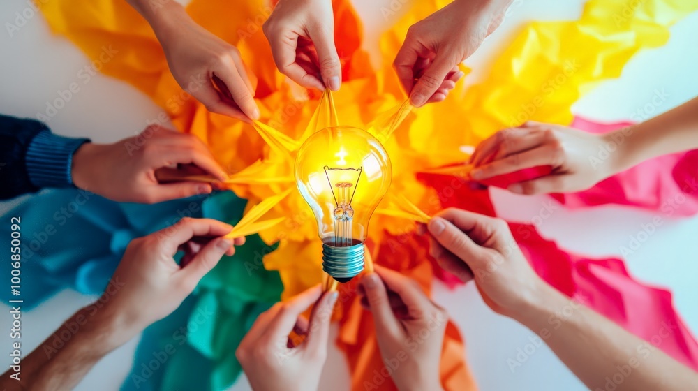 Poster hands reaching towards illuminated light bulb in colorful background symbolizing teamwork, creativit