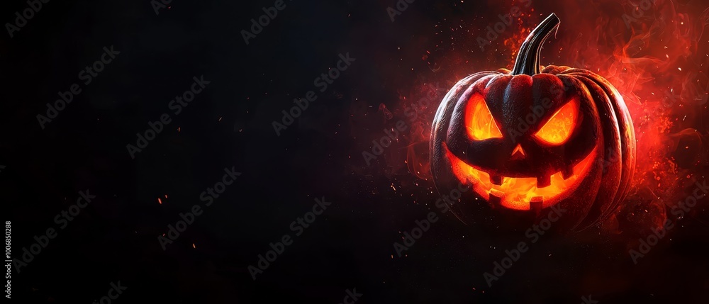 Sticker  A frightening pumpkin with glowing eyes against a black backdrop Its mouth emits an ominous red flame