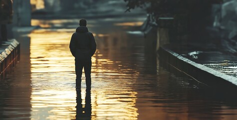A lone figure walking through a flooded street at sunset, water reflecting the golden light, calm yet eerie atmosphere, selective focus

