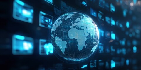 Digital globe surrounded by digital screens displaying news and data, symbolizing global media technology.