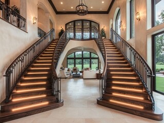 Luxurious Grand Curved Staircase with Ornate Iron Railings in High-End Home, Warm Lighting and Elegant Design for Interior Design Inspiration