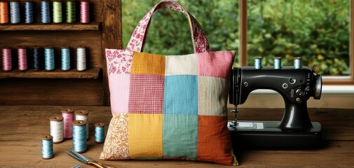 Vibrant Patchwork Tote Bag on Wooden Table with Colorful Threads - Crafting Inspiration and Handmade Delights