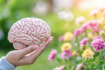 Hand holding a brain model with flowers, nature background