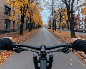 Urban Cycling Adventure Closeup of Black Mountain Bike Handlebars on Autumn Street, Tranquil Cityscape Background, Cycling Excursion, Active Lifestyle Concept