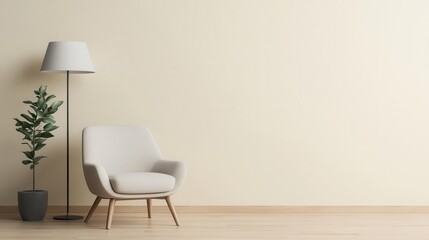Minimalist office corner with a simple armchair, a floor lamp, and a small indoor plant, Relaxing office nook, serene and modern