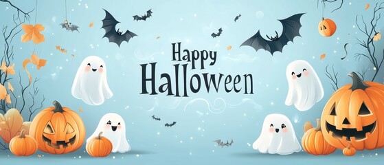 illustration of a Halloween background with cute cartoon pumpkins, ghosts, and bats on a light blue banner that reads "Happy Halloween" Generative AI