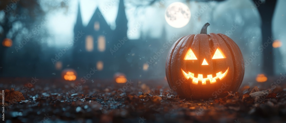 Wall mural  A jack-o-lantern pumpkin sits in the field's center under a full moon