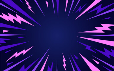 A dynamic abstract blast background with vibrant blue and purple hues, featuring an explosive cartoon style burst. Motion, speed, glowing rays, and lightning in a retro, comic book effect. Not AI.