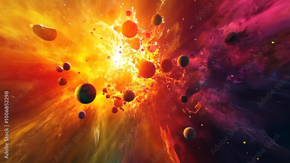 Wall mural a fiery explosion in space with planets and debris scattered across the scene