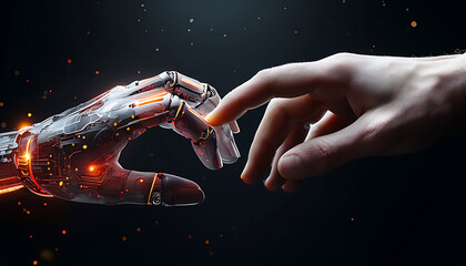 The human finger delicately touches the metallic finger of a robot. Harmonious coexistence of humans and AI technology concept 