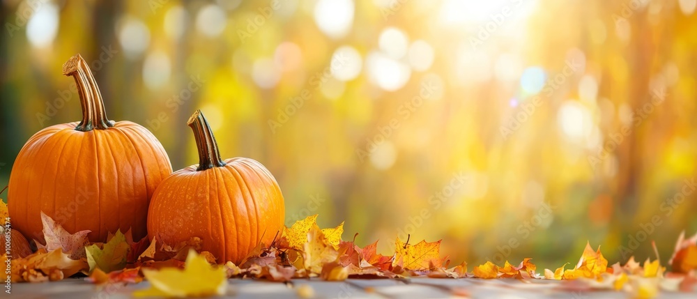 Poster  Two pumpkins sit side by side, surrounded by leaves on the forest floor Sunlight filters through the trees behind them