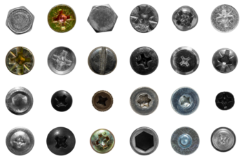 Overhead view of a neatly arranged collection of assorted screws and bolts, displaying a variety of shapes and sizes, against a transparent background.