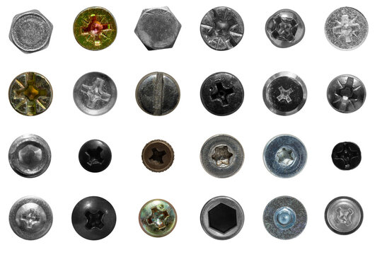 Overhead view of a neatly arranged collection of assorted screws and bolts, displaying a variety of shapes and sizes, against a transparent background.