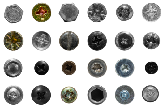 Overhead view of a neatly arranged collection of assorted screws and bolts, displaying a variety of shapes and sizes, against a transparent background.