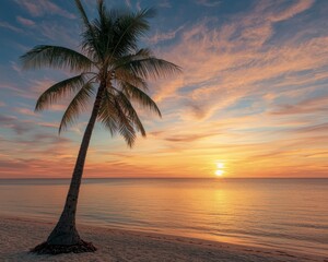 Tranquil Sunset Serenity Solitary Palm Tree on Beach at Dusk, Relaxing Tropical Escape