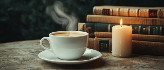 Obraz premium Serene Coffee Break - Warm Steam, Vintage Books, Candlelight Glow Cozy Reading Nook