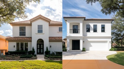 A house with chipped paint and overgrown weeds before renovation, transformed into a modern luxury home with smooth stucco walls, clean landscaping, and elegant entryway lighting.