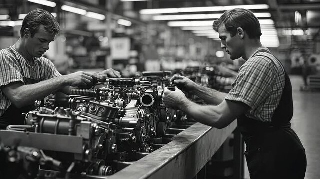 Vintage 1970 Workers Assembling Machinery in Vintage 1970s Factory
