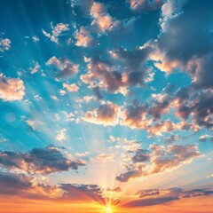 blue sky with clouds and sun, the sunset behind the clouds