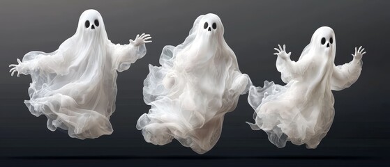  A collection of ghost figurines hovering, arms raised, heads tilted upwards