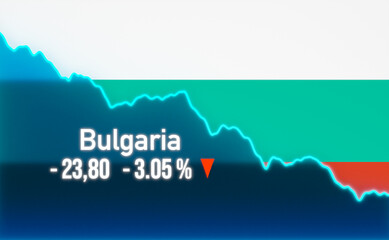 Obraz premium Bulgaria stock market down. Falling chart with Bulgarian flag. Bear market, recession, stock market crash, negative trend, weak business, investment, trading, loss.