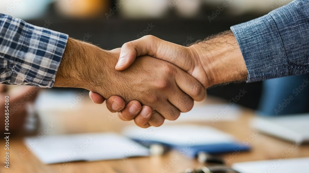 Poster close-up of a handshake between a real estate agent and a client, contract and keys visible on the t