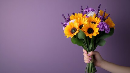 Sunflowers and Lavender Bouquet: A hand delicately holds a vibrant bouquet of sunflowers and lavender, set against a soft purple background. The image captures the beauty and vibrancy of nature.