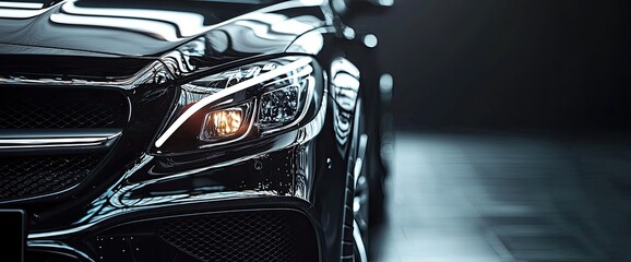 Close-up view of a sleek luxury car front headlight, showcasing modern design and high-end...