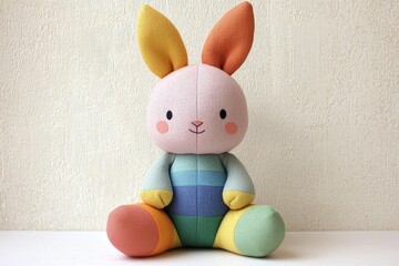 Fototapeta premium Adorable Pastel Plush Toy Rabbit on White Shelf Against Textured Beige Wall - Soft and Cheerful Kid's Room Decor