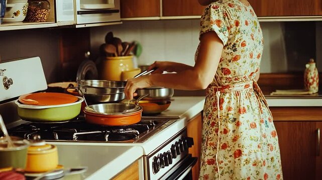 Vintage 1970 Woman Cooking in Retro 1970s Kitchen with Floral Dress
