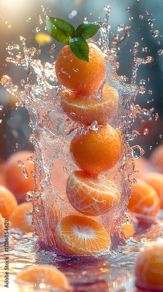 Poster fresh oranges splashing in water, creating a vibrant and refreshing scene.