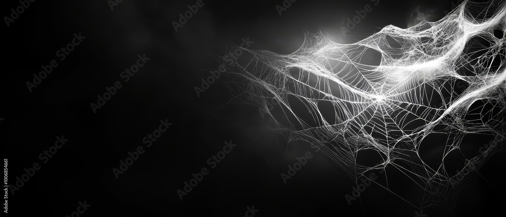 Wall mural a black-and-white spider web image against a dark backdrop with a central lightning effect