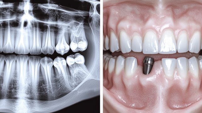 A split view of a patients dental X-rays, showing missing teeth in the before image and securely placed implants with prosthetic teeth in the after image.