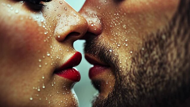 A close-up image of a couple about to kiss, their faces covered in water droplets