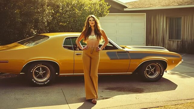 Vintage 1970 Vintage 70s Woman Posing Next to Classic Muscle Car with VHS Footage Style