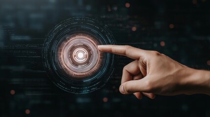Fototapeta premium Futuristic Interaction Hand Reaching Circular Digital Interface in Dark Tech Environment