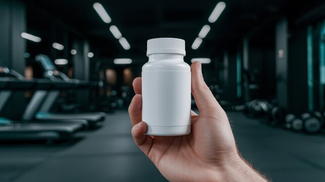 Sharp Focus on White Pill Bottle in Hand at Gym - Health and Fitness Concept