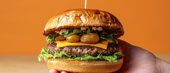 Savory Gourmet Cheeseburger with Roasted Chestnuts in Hand on Vibrant Orange Background - Close-Up Gastronomic Delight for Culinary Marketing and Menus
