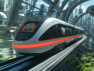 Fototapeta premium Futuristic Silver Bullet Train Racing Through Urban Skyline - Dynamic Speed and Innovation Concept